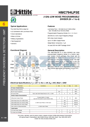 HMC794LP3E datasheet - 2 GHz LOW NOISE PROGRAMMABLE DIVIDER (N = 1 to 4)