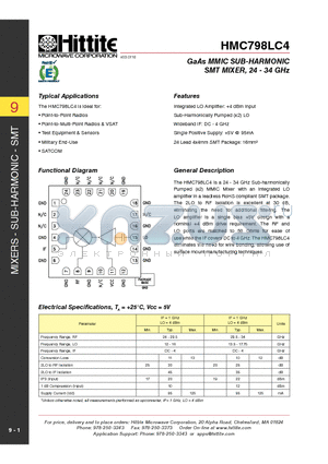 HMC798LC4 datasheet - GaAs MMIC SUB-HARMONIC SMT MIXER, 24 - 34 GHz