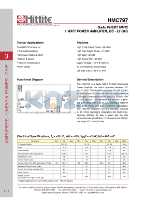 HMC797 datasheet - GaAs PHEMT MMIC 1 WATT POWER AMPLIFIER, DC - 22 GHz