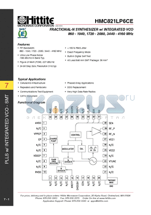 HMC821LP6CE datasheet - FRACTIONAL-N SYNTHESIZER w/ INTEGRATED VCO 860 - 1040, 1720 - 2080, 3440 - 4160 MHz