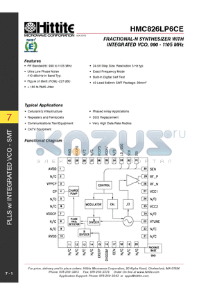 HMC826LP6CE datasheet - FRACTIONAL-N SYNTHESIZER WITH INTEGRATED VCO, 990 - 1105 MHz