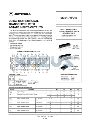 MC54F245J datasheet - OCTAL BIDIRECTIONAL TRANSCEIVER WITH 3-STATE INPUTS/OUTPUTS