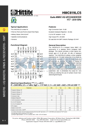 HMC819LC5 datasheet - GaAs MMIC I/Q UPCONVERTER 17.7 - 23.6 GHz