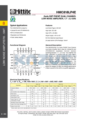 HMC818LP4E datasheet - GaAs SMT PHEMT DUAL CHANNEL LOW NOISE AMPLIFIER, 1.7 - 2.2 GHz