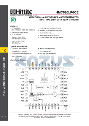 HMC820LP6CE datasheet - FRACTIONAL-N SYNTHESIZER w/ INTEGRATED VCO