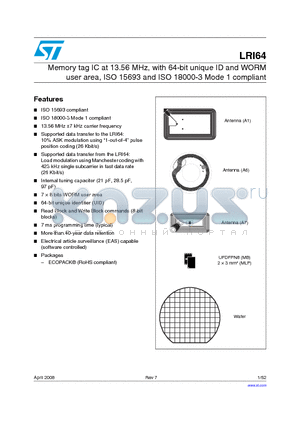 LRI64-A6S2U datasheet - Memory tag IC at 13.56 MHz, with 64-bit unique ID and WORM user area, ISO 15693 and ISO 18000-3 Mode 1 compliant