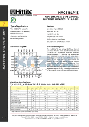 HMC818LP4E datasheet - GaAs SMT pHEMT DUAL CHANNEL LOW NOISE AMPLIFIER, 1.7 - 2.2 GHz