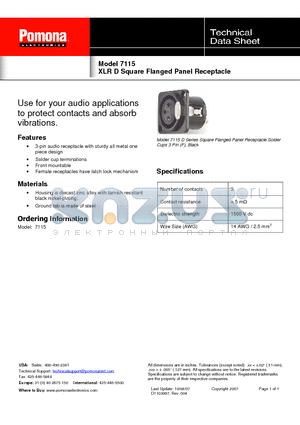 7115 datasheet - XLR D Square Flanged Panel Receptacle
