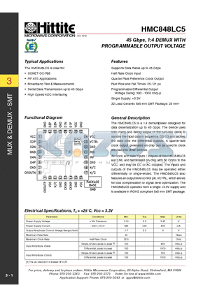 HMC848LC5 datasheet - 45 Gbps, 1:4 DEMUX WITH PROGRAMMABLE OUTPUT VOLTAGE
