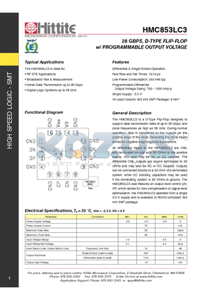 HMC853LC3 datasheet - 28 Gbps, D-TYPE FLIP-FLOP