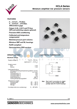 HCLA0025HB datasheet - Miniature amplified low pressure sensors