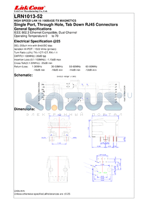 LRN1013-52 datasheet - Single Port, Through Hole, Tab Down RJ45 Connectors