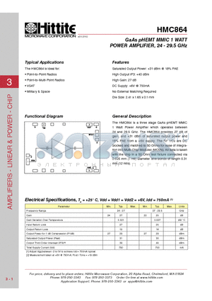 HMC864 datasheet - GaAs pHEMT MMIC 1 WATT POWER AMPLIFIER, 24 - 29.5 GHz