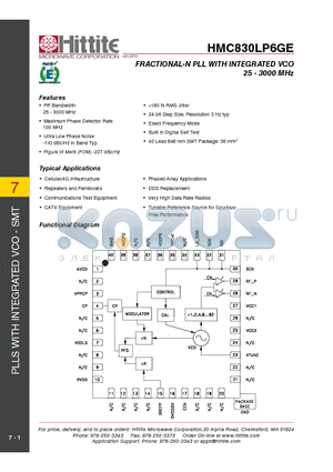 HMC830LP6GE datasheet - FRACTIONAL-N PLL WITH INTEGRATED VCO 25 - 3000 MHz