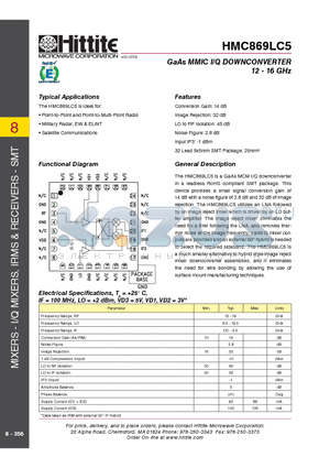 HMC869LC5 datasheet - GaAs MMIC I/Q DOWNCONVERTER 12 - 16 GHz