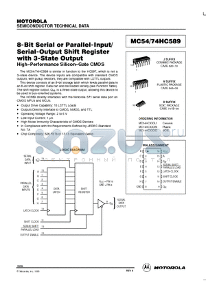 MC54HC589J datasheet - 8-Bit Serial or Parallel-Input/Serial-Output Shift Register with 3-State Output High-Performance Silicon-Gate CMOS
