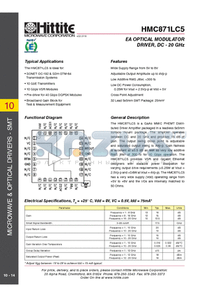 HMC871LC5 datasheet - EA OPTICAL MODULATOR DRIVER, DC - 20 GHz