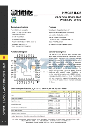 HMC871LC5 datasheet - EA OPTICAL MODULATOR DRIVER, DC - 20 GHz