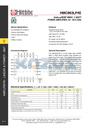 HMC863LP4E datasheet - GaAs pHEMT MMIC m WATT POWER AMPLIFIER, 22 - 26.5 GHz