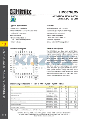 HMC870LC5 datasheet - MZ OPTICAL MODULATOR DRIVER, DC - 20 GHz