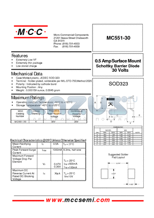 MC551-30 datasheet - 30 Volts 0.5 Amp Surface Mount Schottky Barrier Diode