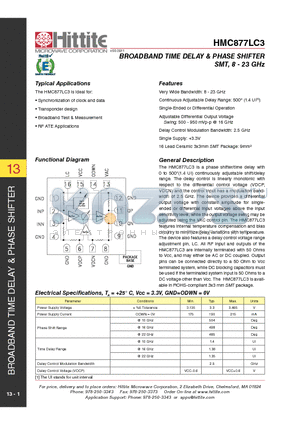 HMC877LC3 datasheet - BROADBAND TIME DELAY & PHASE SHIFTER SMT, 8 - 23 GHz