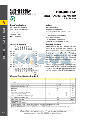 HMC881LP5 datasheet - FILTER - TUNABLE, LOW PASS SMT 2.2 - 4.0 GHz