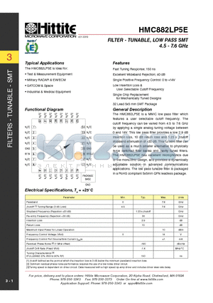 HMC882LP5E_1007 datasheet - FILTER - TUNABLE, LOW PASS SMT 4.5 - 7.6 GHz