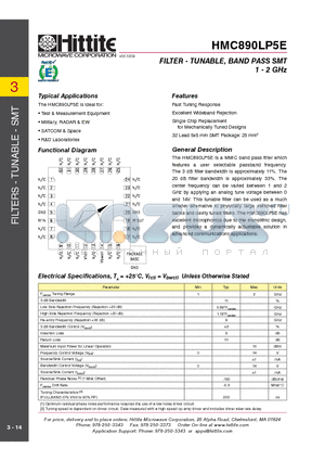 HMC890LP5E datasheet - FILTER - TUNABLE, BAND PASS SMT 1 - 2 GHz