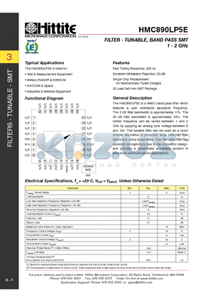 HMC890LP5E_1007 datasheet - FILTER - TUNABLE, BAND PASS SMT 1 - 2 GHz