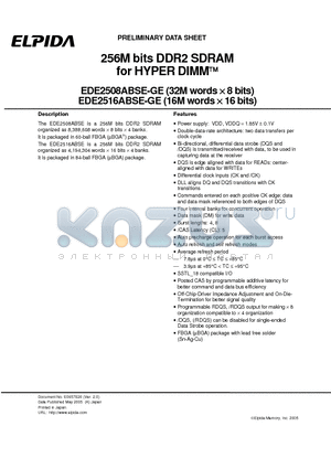 EDE2508ABSE-GE datasheet - 256M bits DDR2 SDRAM for HYPER DIMM