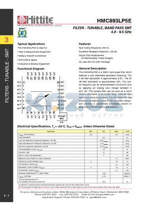 HMC893LP5E datasheet - FILTER - TUNABLE, BAND PASS SMT 4.8 - 9.5 GHz