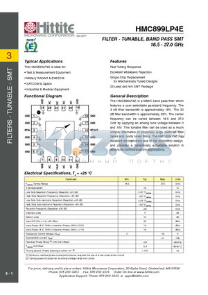 HMC899LP4E datasheet - FILTER - TUNABLE, BAND PASS SMT 18.5 - 37.0 GHz