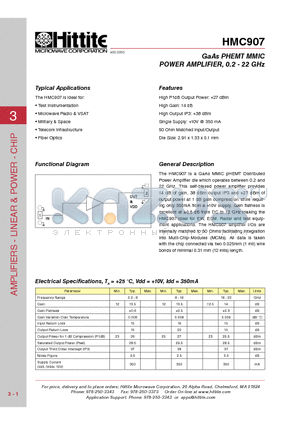 HMC907 datasheet - GaAs PHEMT MMIC POWER AMPLIFIER, 0.2 - 22 GHz