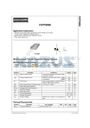 FKPF8N80 datasheet - Switching mode power supply, light dimmer, electric flasher unit, hair drier