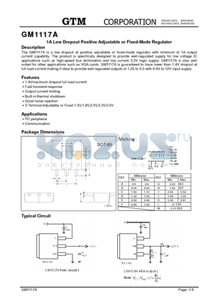 GM1117A datasheet - 1A Low Dropout Positive Adjustable or Fixed-Mode Regulator