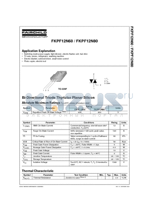 FKPF12N80 datasheet - Bi-Directional Triode Thyristor Planar Silicon