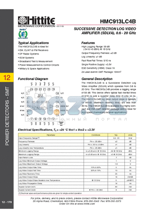 HMC913LC4B datasheet - SUCCESSIVE DETECTION LOG VIDEO AMPLIFIER (SDLVA), 0.6 - 20 GHz