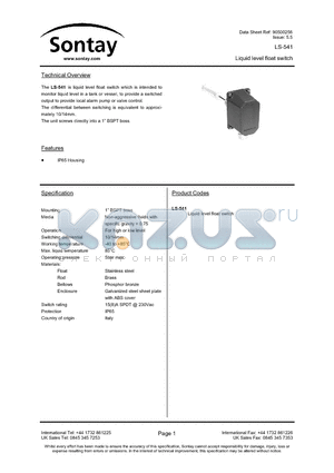 LS-541 datasheet - Liquid level float switch