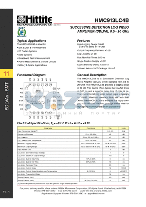 HMC913LC4B datasheet - SUCCESSIVE DETECTION LOG VIDEO AMPLIFIER (SDLVA), 0.6 - 20 GHz