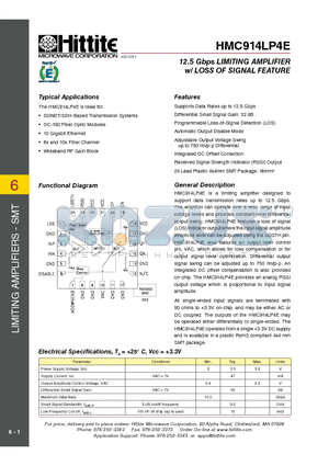 HMC914LP4E datasheet - 12.5 Gbps LIMITING AMPLIFIER w/ LOSS OF SIGNAL FEATURE