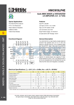 HMC915LP4E datasheet - GaAs MMIC MIXER w/ INTEGRATED LO AMPLIFIER, 0.5 - 2.7 GHz