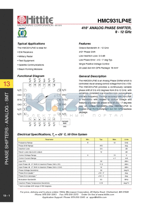 HMC931LP4E datasheet - 410 Analog Phase Shifter, 8 - 12 GHz