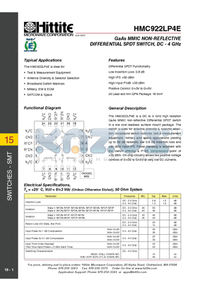 HMC922LP4E datasheet - GaAs MMIC NON-REFLECTIVE DIFFERENTIAL SPDT SWITCH, DC - 4 GHz