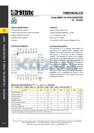 HMC924LC5 datasheet - GaAs MMIC I/Q UPCONVERTER 10 - 16 GHz