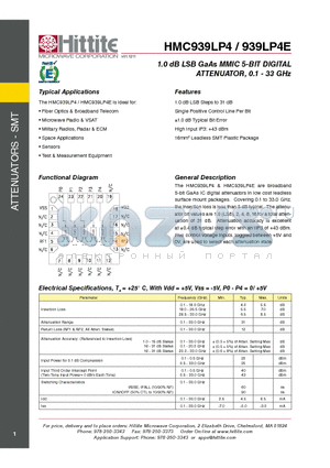 HMC939LP4_12 datasheet - 1.0 dB LSB GaAs MMIC 5-BIT DIGITAL