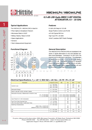 HMC941LP4 datasheet - 0.5 dB LSB GaAs MMIC 5-BIT DIGITAL ATTENUATOR, 0.1 - 33 GHz