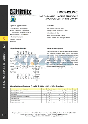 HMC942LP4E datasheet - SMT GaAs MMIC x2 ACTIVE FREQUENCY MULTIPLIER, 25 - 31 GHz OUTPUT