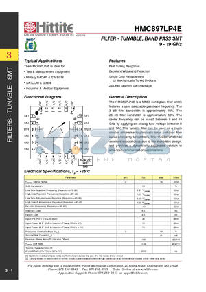 HMC897LP4E datasheet - FILTER - TUNABLE, BAND PASS SMT 9 - 19 GHz