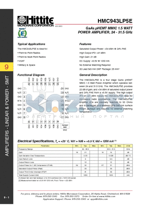 HMC943LP5E datasheet - GaAs pHEMT MMIC 1.5 WATT POWER AMPLIFIER, 24 - 31.5 GHz